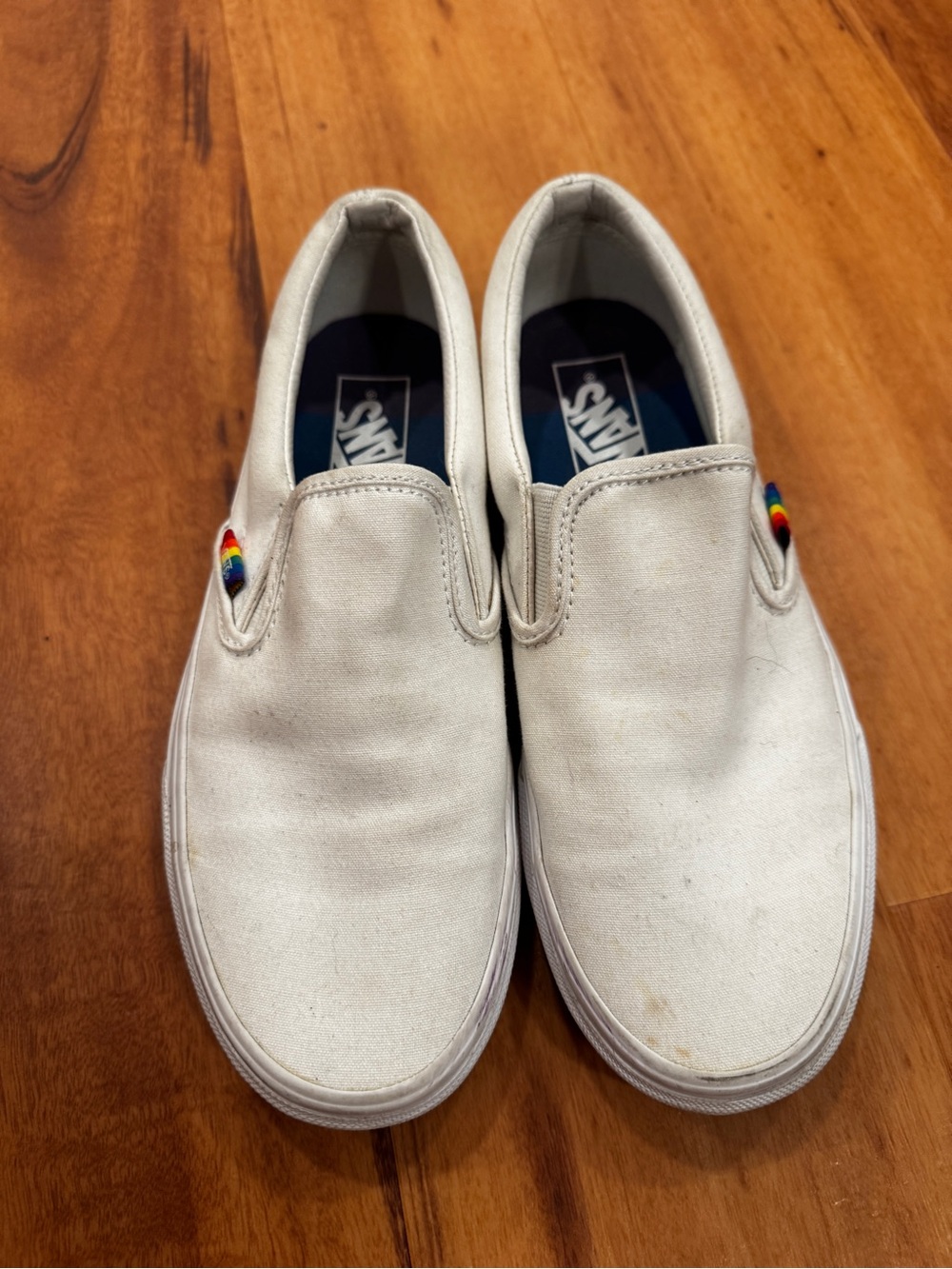 Vans Classic Slip-On Canvas Shoes - White with Rainbow foxing and sole women 9